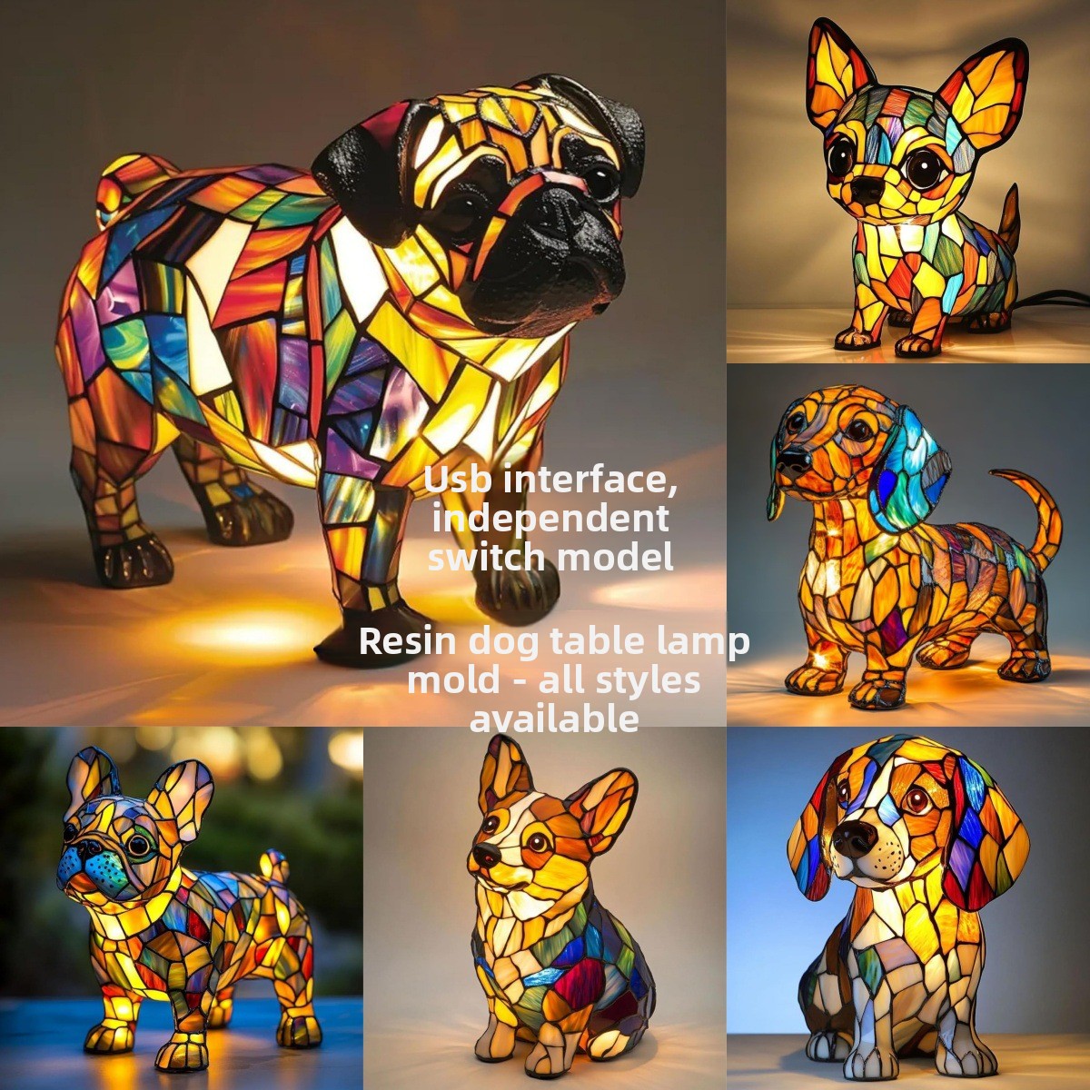 Stained-Glass Style LED Dog Night Light – Resin Dog Breed Lamp, Gift for Dog Lovers